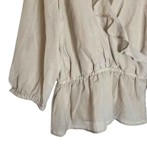 H&M Fairycore Romantic Sheer Women's Tan Blouse  Deep V puff sleeves Size 10 Med - Picture 4 of 10